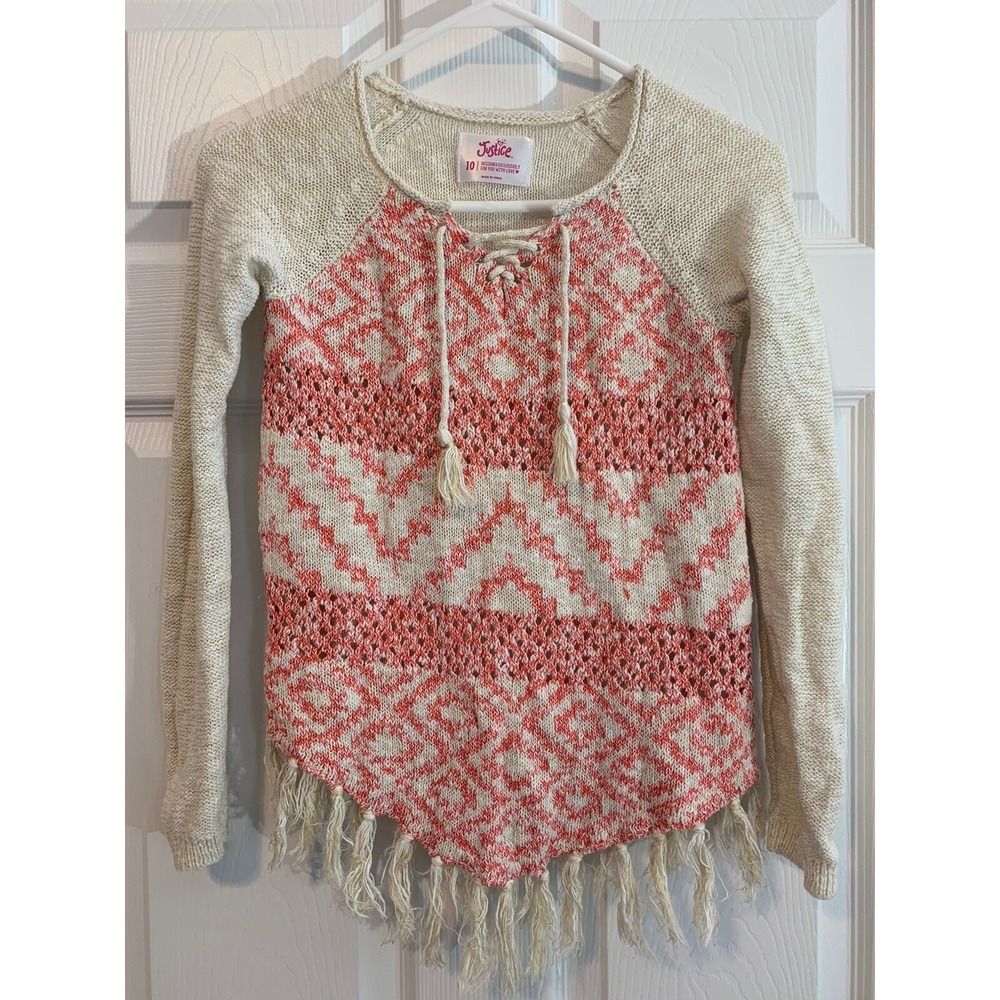 Justice Girl's Tribal Pattern Long Sleeve Fringed Fashion Sweater Size 10